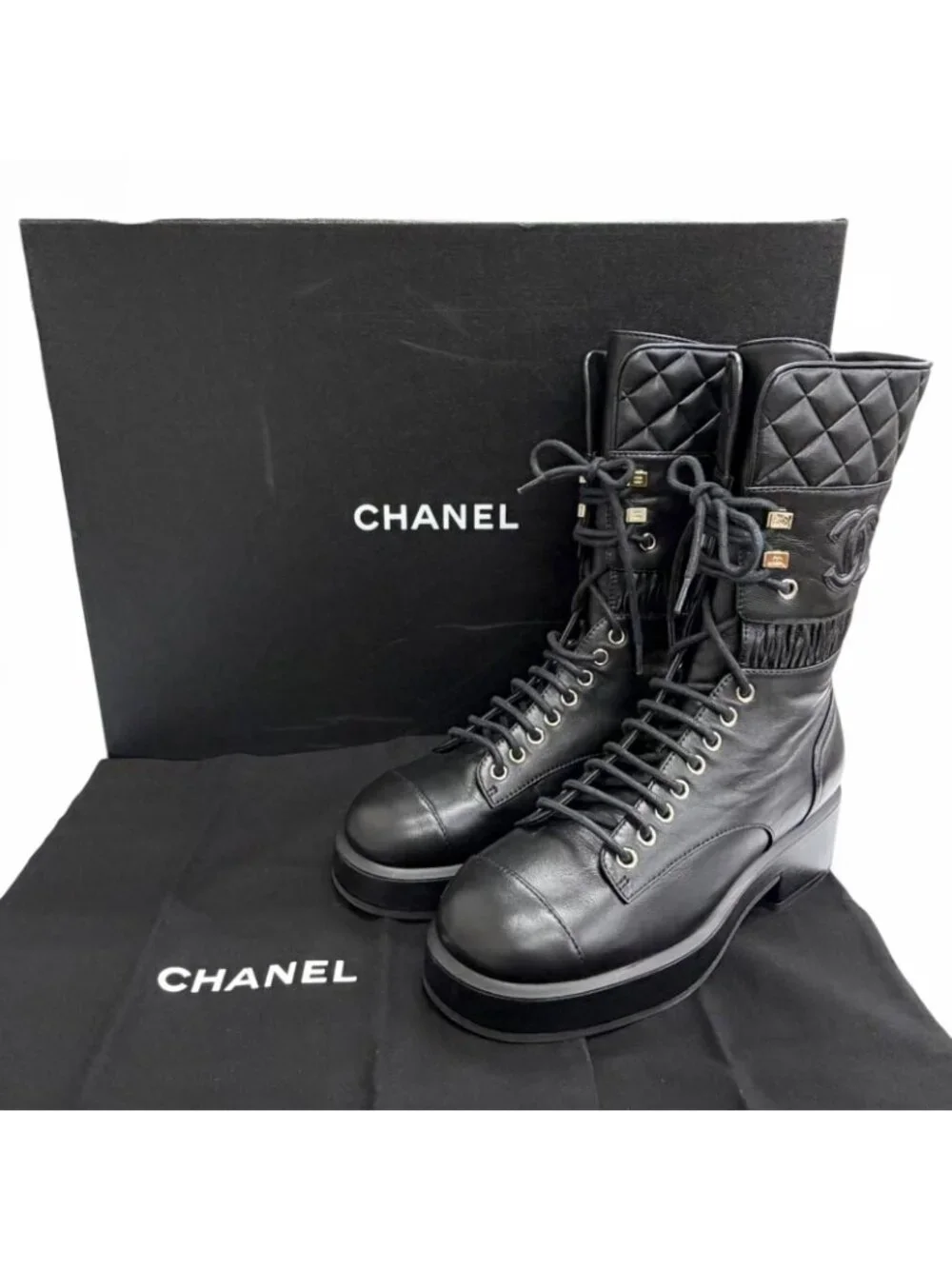Chanel CC Logo Quilted Lace Up Leather Short Boots Black